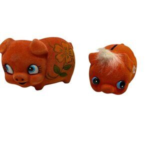 Vintage Flocked Orange Piggy Bank Set of 2 Floral Design Blue Eyes